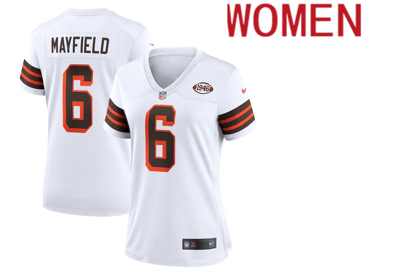Women Cleveland Browns #6 Baker Mayfield Nike White 1946 Collection Alternate Game NFL Jersey->women nfl jersey->Women Jersey